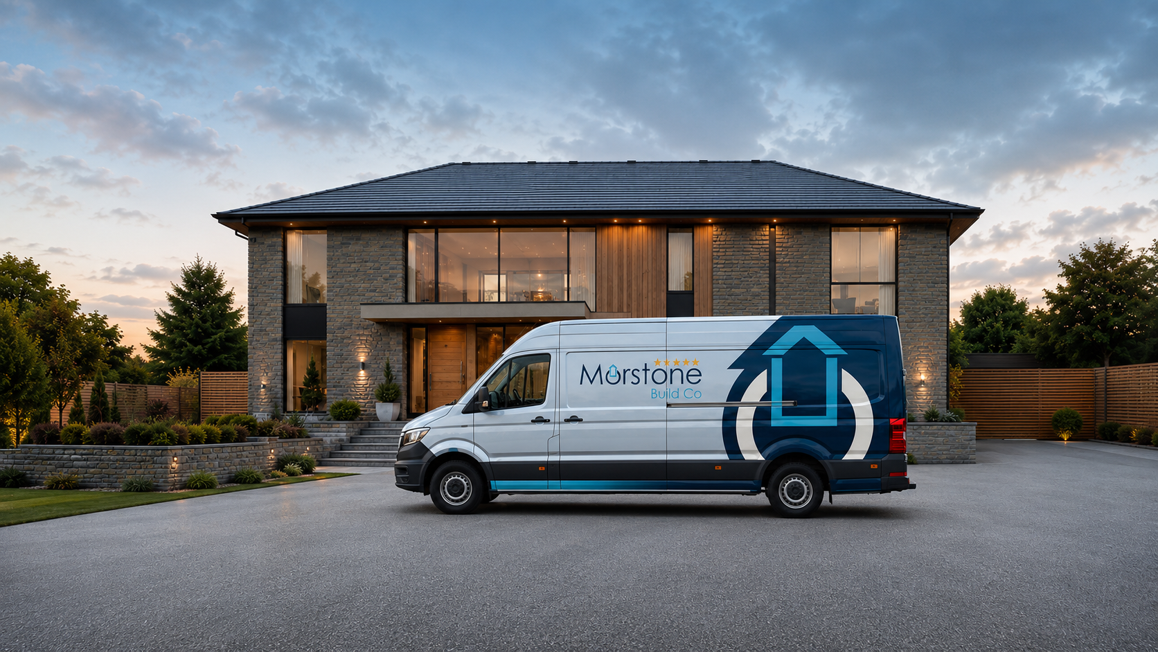 Morstone Build Co van at a completed contemporary home