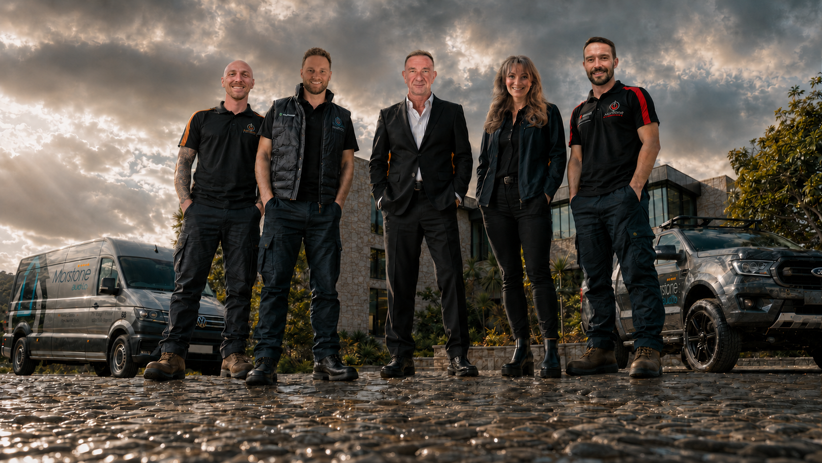 Dai Wonnacott, Jack Meyrick, Mark Thomas, Stephanie Lines and Chris Jones photographed from a dramatic cobblestone-level angle with the Morstone Group vehicle fleet