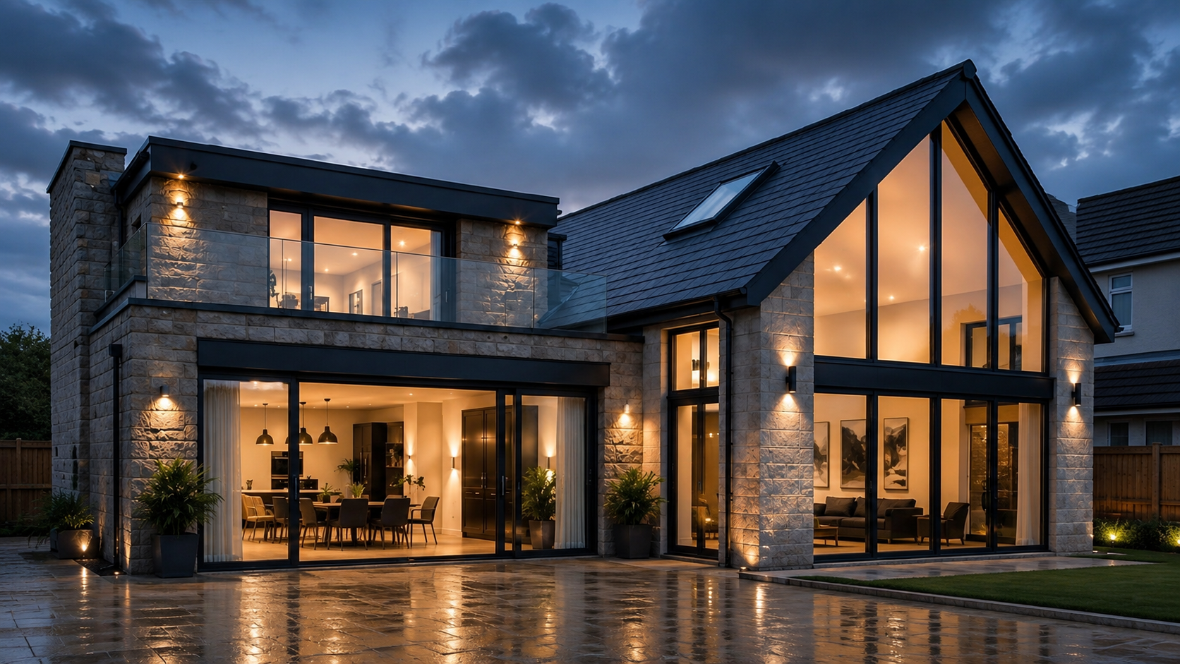 Completed Brynmill architectural home at blue hour