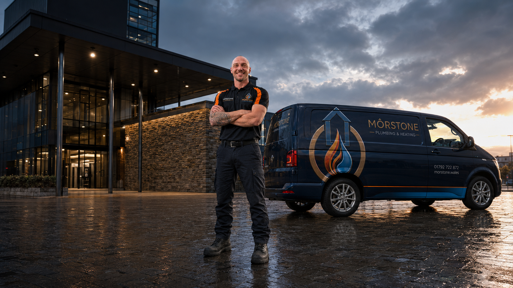 Dai Wonnacott photographed from ground level with the complete Morstone Plumbing and Heating van at a commercial project
